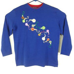VTG Karen Scott Wm Lg Pullover Xmas Party Sweater Stitch Ornaments Bells Blue